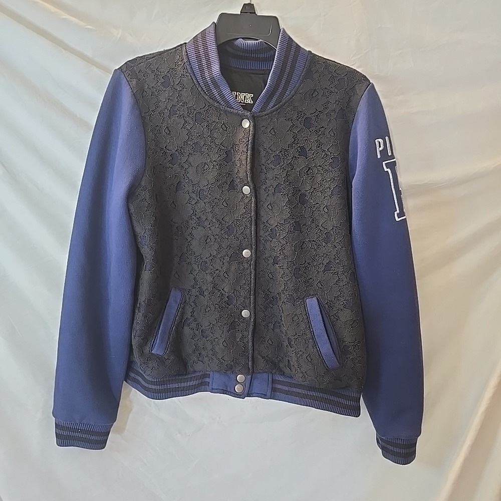 Victoria's Secret Pink Varsity Bomber‎ Jacket Coat Blue With Black Lace Detail L
